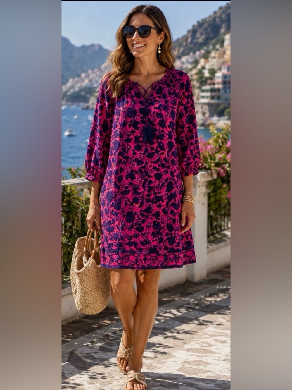 Studio Park Small Pink Navy Floral Cotton Midi Dress Tassel Boho Lined